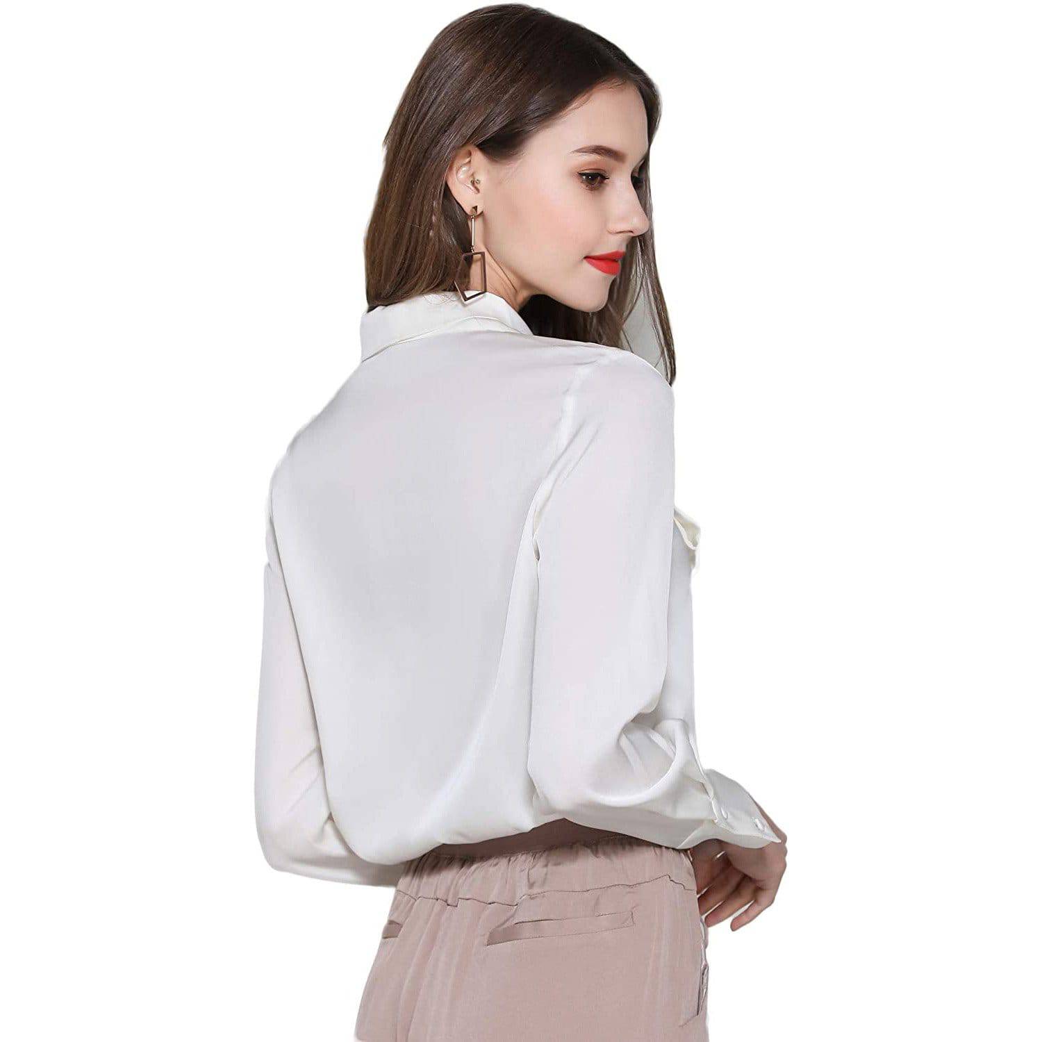 Silk Blouses for Women Bow Tie Neck Silk Button Down Shirt White XS