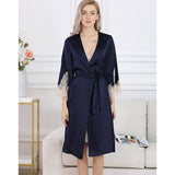 Women's Nightgown And Robe Set Sexy Silk Lace Sleepwear Navy Blue XS