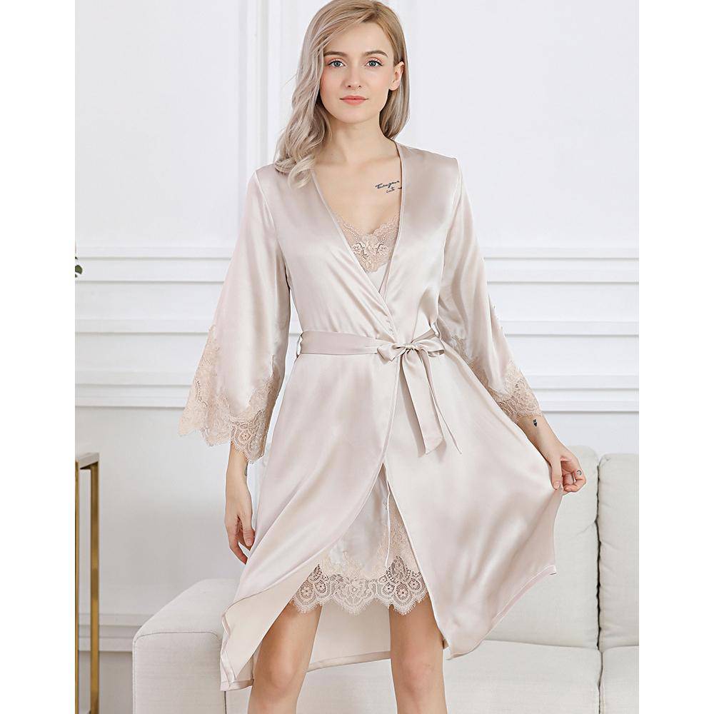 Women's Nightgown And Robe Set Sexy Silk Lace Sleepwear Red XS