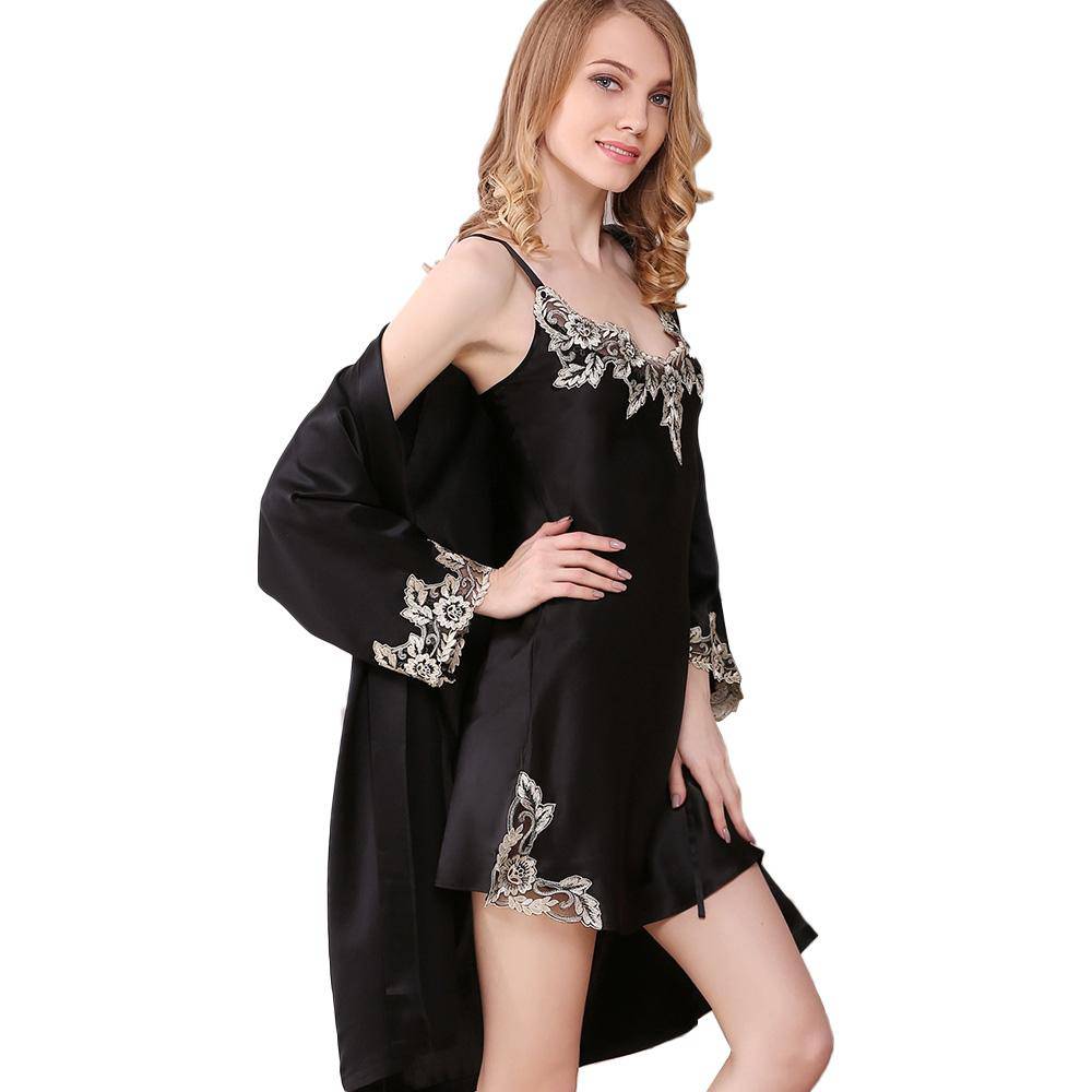 Women's 100% Pure Silk Nightgown And Robe Set With Lace Black XS