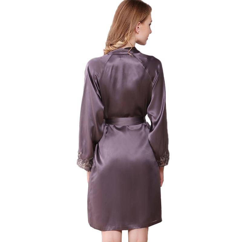 Women's 100% Pure Silk Nightgown And Robe Set With Lace Dark Gray XS