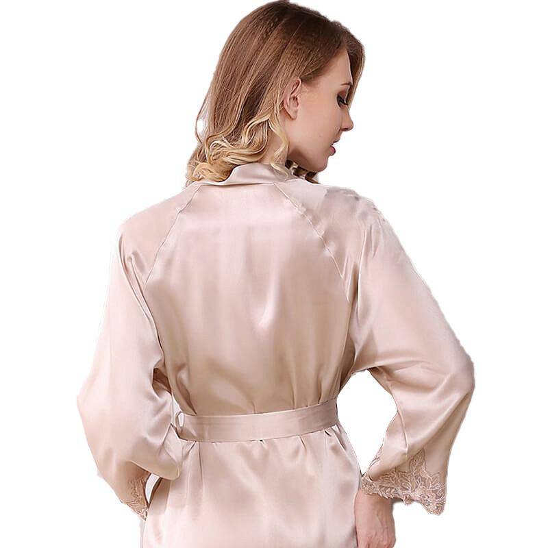 Women's 100% Pure Silk Nightgown And Robe Set With Lace Apricot XS
