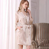 Women's 100% Pure Silk Nightgown And Robe Set With Lace Apricot XS