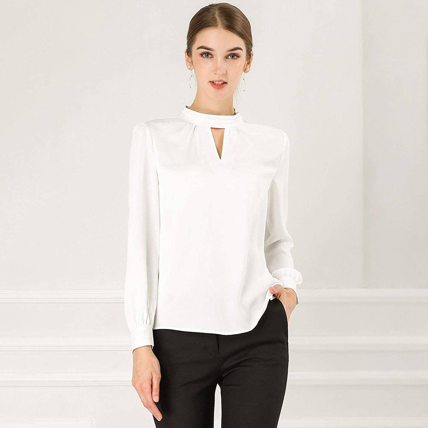 Women's Office Silk Shirt Keyhole Neck Long Sleeve Silk Blouses