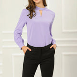 Women's Office Silk Shirt Keyhole Neck Long Sleeve Silk Blouses Lavender XL