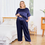Women's Plus Size Silk Sleepwear Short Sleeve Silk Pajamas Navy Blue XS