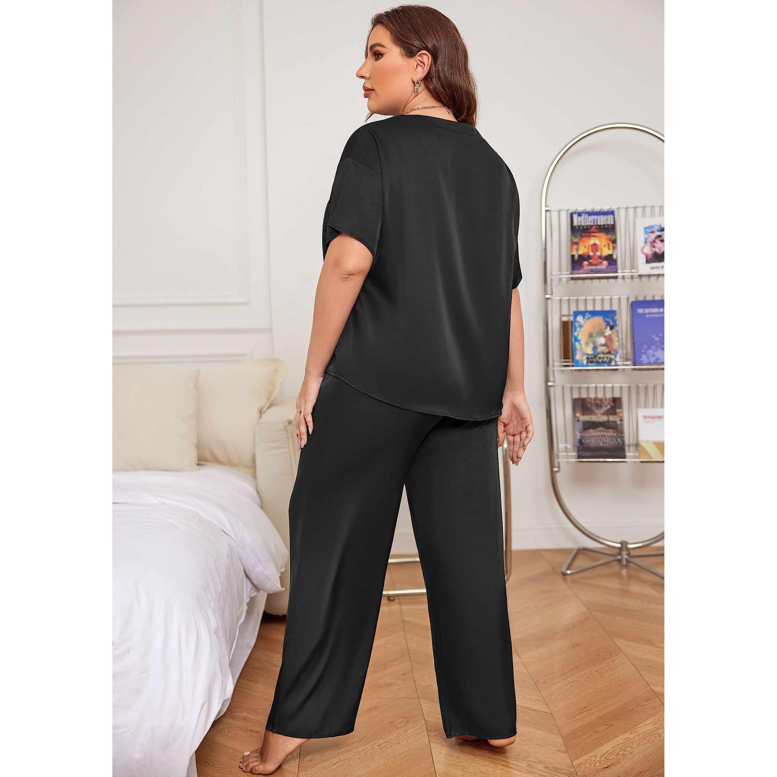 Women's Plus Size Silk Sleepwear Short Sleeve Silk Pajamas Black 1X