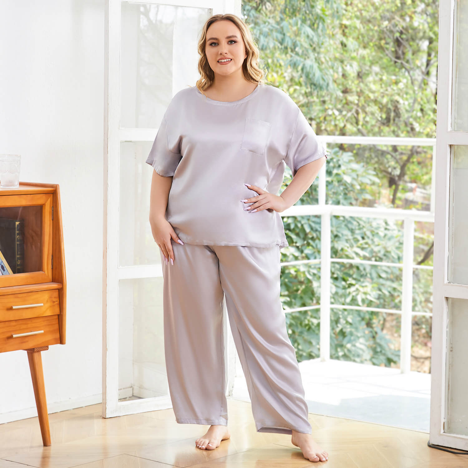Women's Plus Size Silk Sleepwear Short Sleeve Silk Pajamas Silver Gray 1X