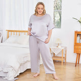 Women's Plus Size Silk Sleepwear Short Sleeve Silk Pajamas Silver Gray 1X