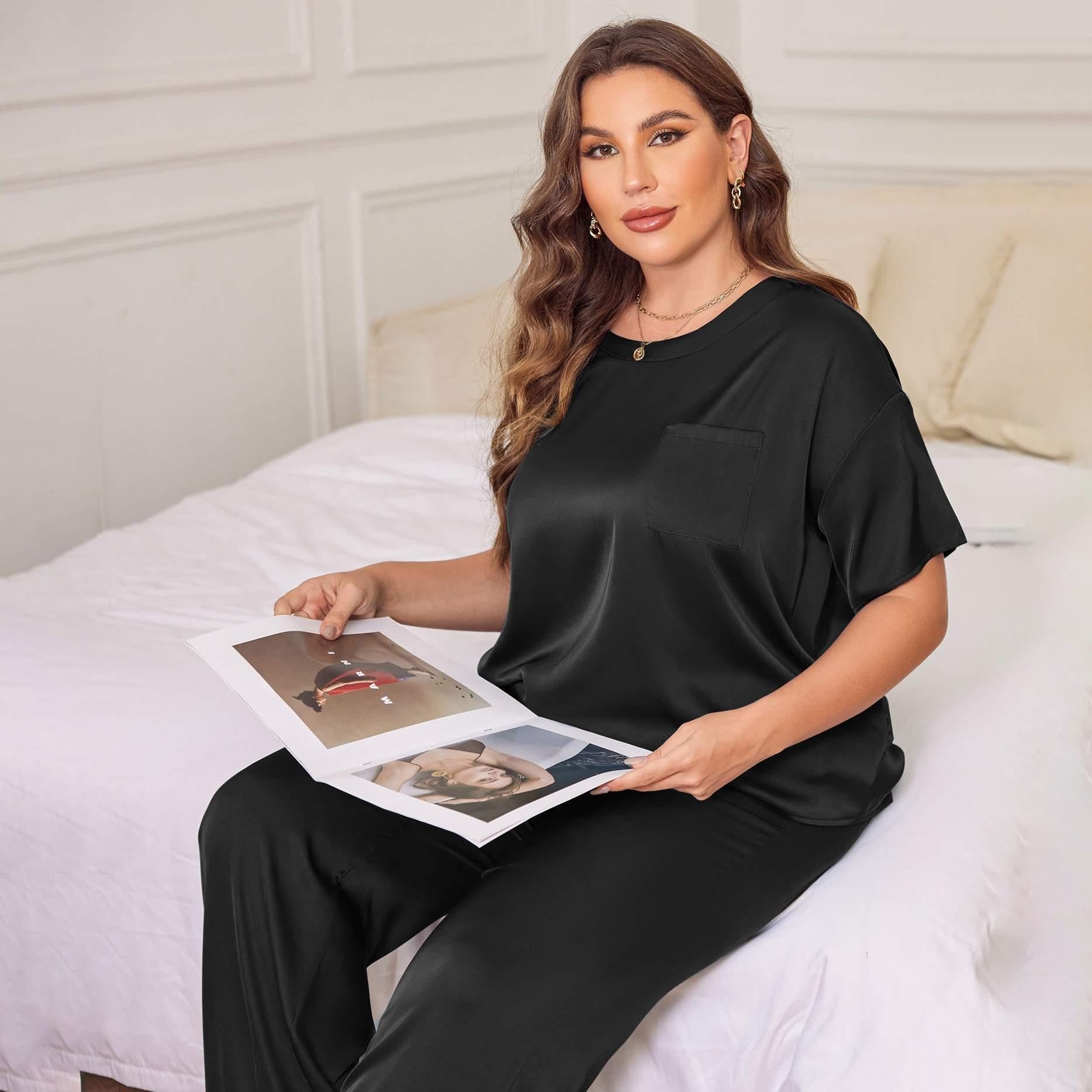 Women's Plus Size Silk Sleepwear Short Sleeve Silk Pajamas Black 1X