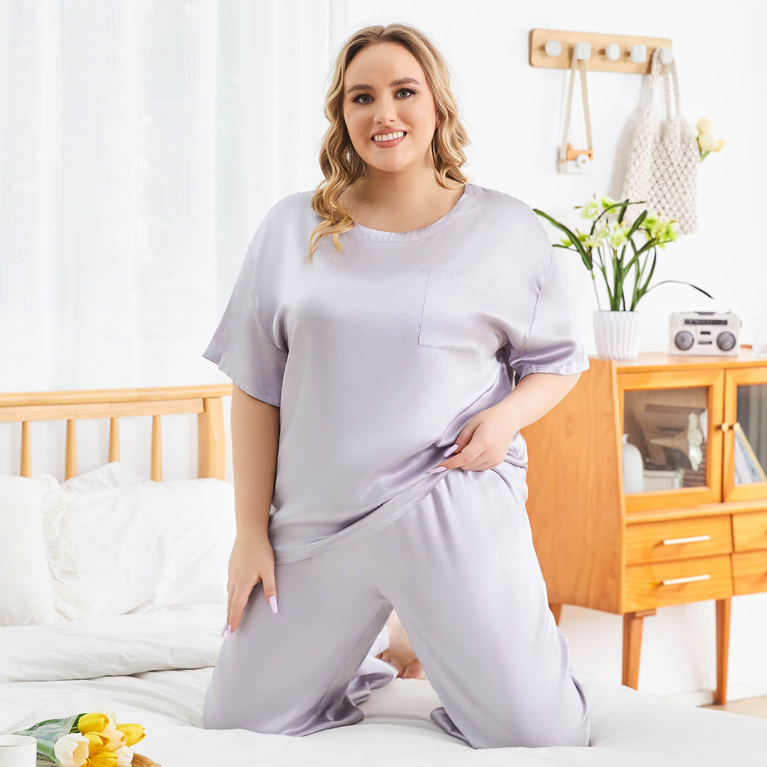 Women's Plus Size Silk Sleepwear Short Sleeve Silk Pajamas Silver Gray 1X