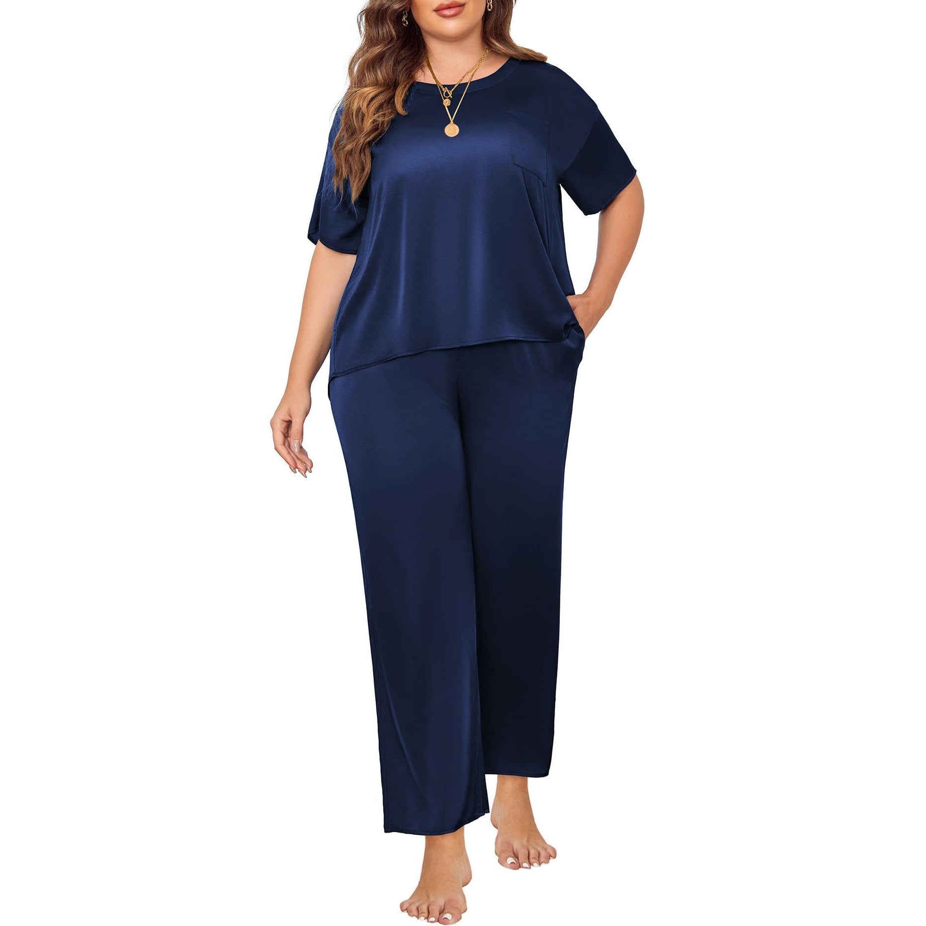 Women's Plus Size Silk Sleepwear Short Sleeve Silk Pajamas Black 1X