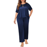 Women's Plus Size Silk Sleepwear Short Sleeve Silk Pajamas Black 1X