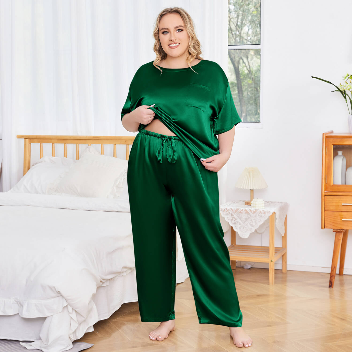 Women's Plus Size Silk Sleepwear Short Sleeve Silk Pajamas Dark Green 1X