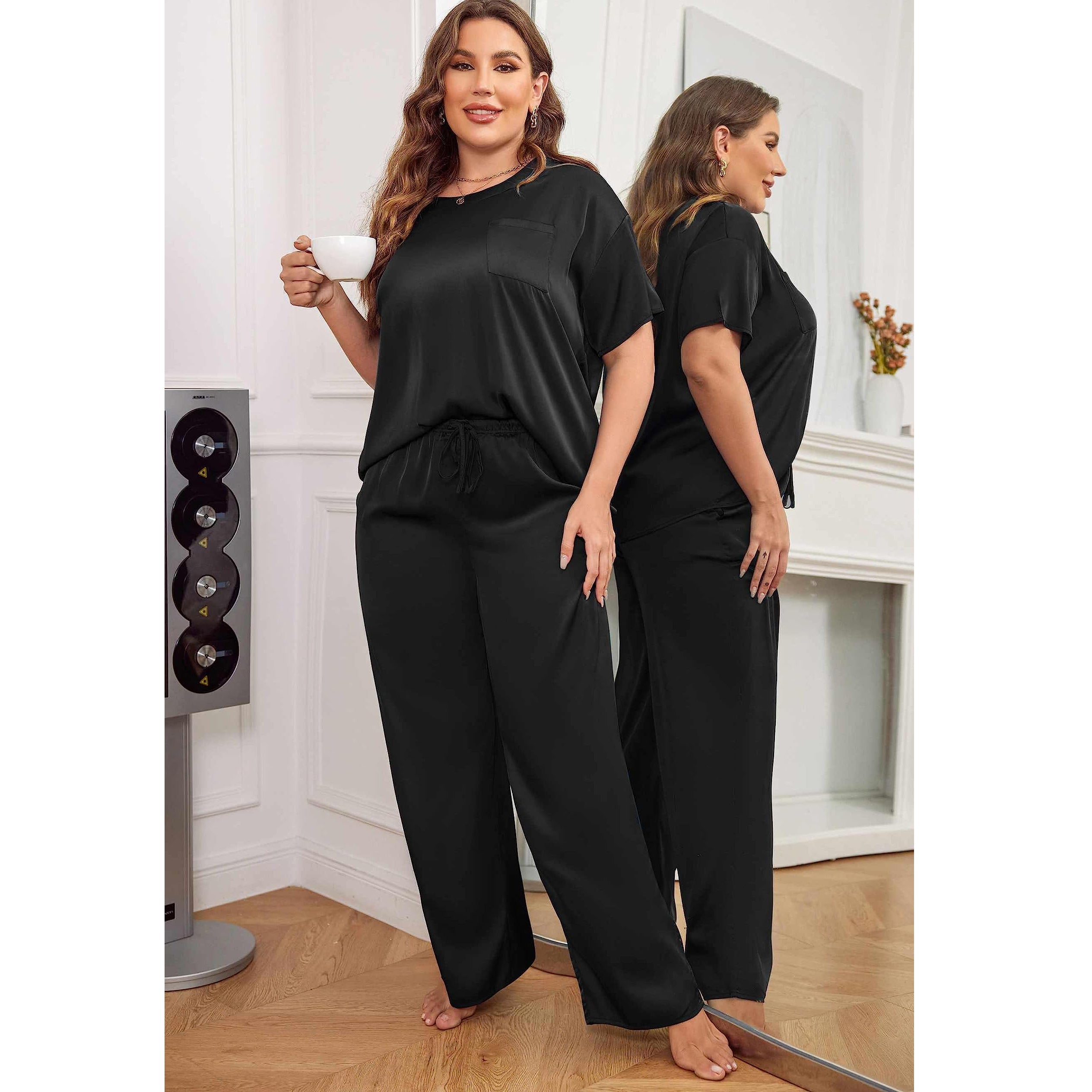Women's Plus Size Silk Sleepwear Short Sleeve Silk Pajamas Black 1X