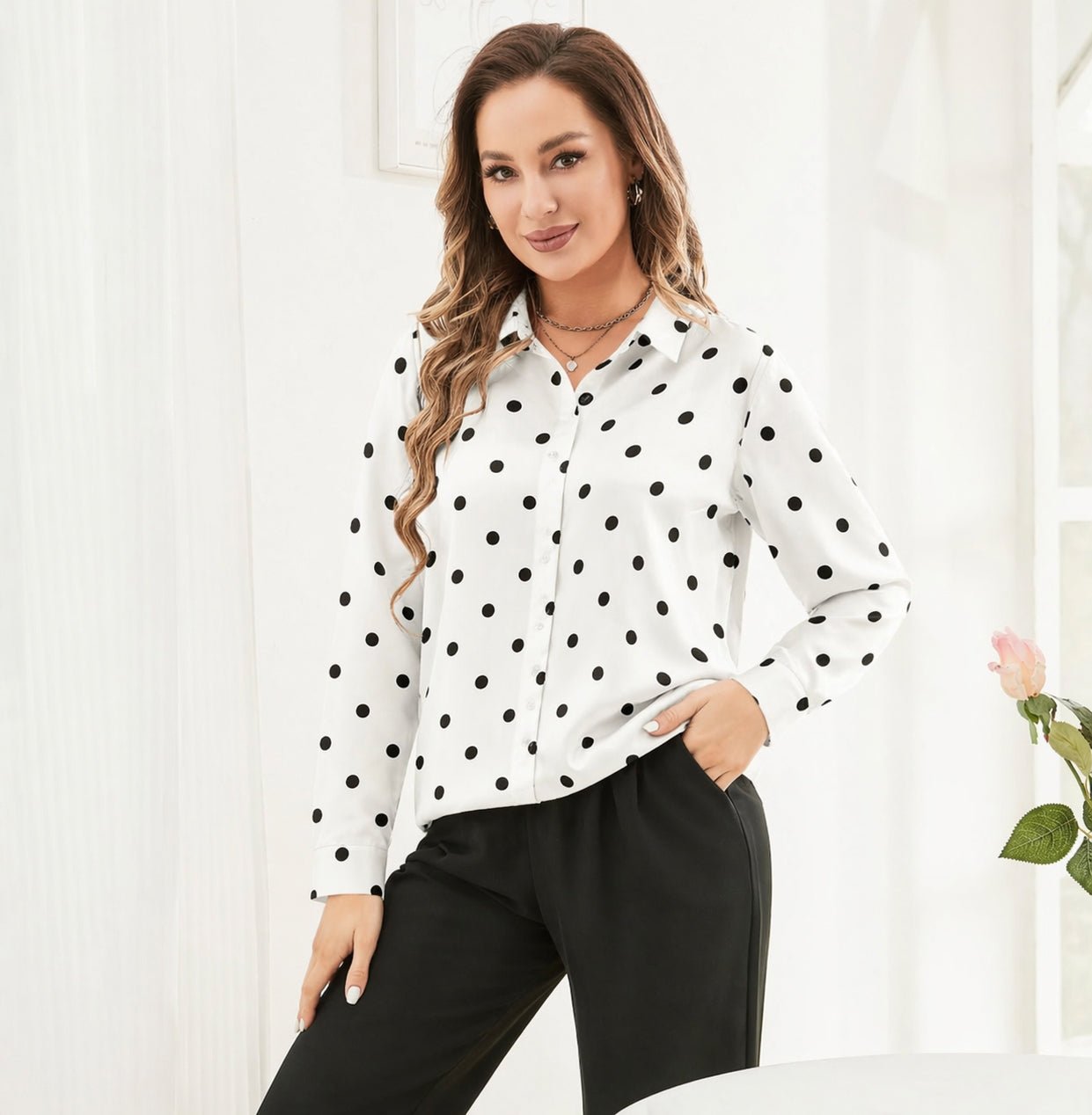 Womens Polka Dots Silk Blouse Silk Button Down Shirt Silk Blouses White XS