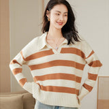 Womens Striped Polo Neck Cashmere Sweater V Neck Pullover Tops Red XS
