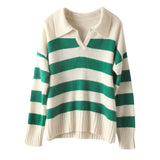 Womens Striped Polo Neck Cashmere Sweater V Neck Pullover Tops Red XS