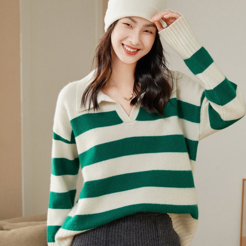 Womens Striped Polo Neck Cashmere Sweater V Neck Pullover Tops Red XS