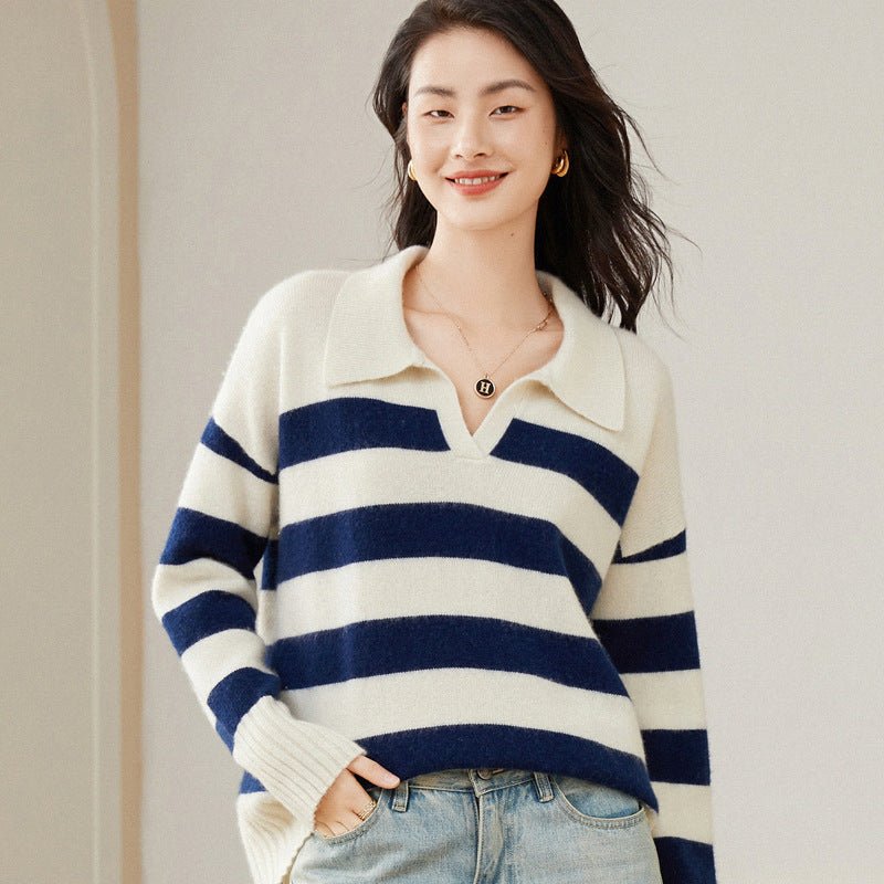 Womens Striped Polo Neck Cashmere Sweater V Neck Pullover Tops Navy Blue XS
