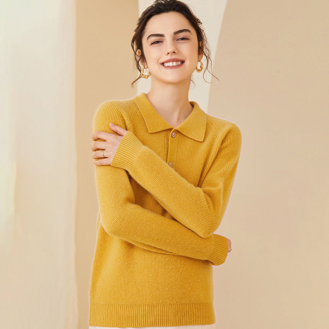Womens Ribbed Cashmere Polo Sweater Button - Up Long Sleeves Sweater Yellow XS