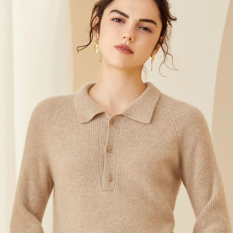 Womens Ribbed Cashmere Polo Sweater Button - Up Long Sleeves Sweater Beige XS