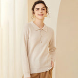 Womens Ribbed Cashmere Polo Sweater Button - Up Long Sleeves Sweater Ivory XS