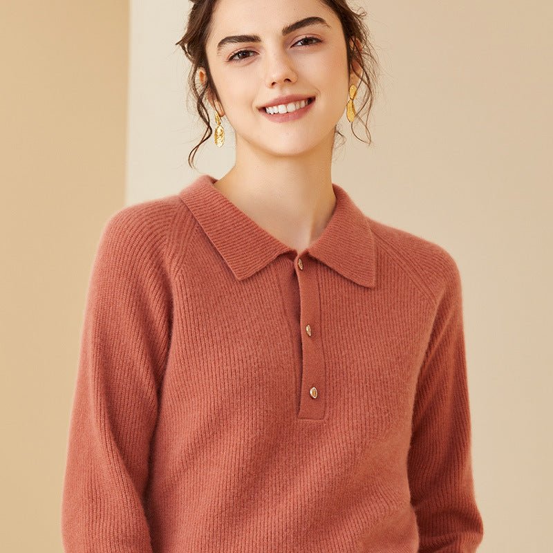 Womens Ribbed Cashmere Polo Sweater Button - Up Long Sleeves Sweater Red XS