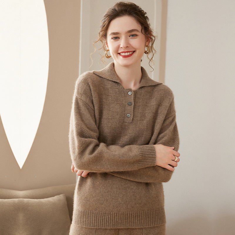 Women Polo Neck Cashmere Sweaters Long Sleeve Cashmere Blouse Pullover Taupe XS