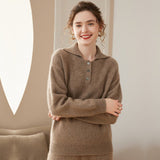 Women Polo Neck Cashmere Sweaters Long Sleeve Cashmere Blouse Pullover Taupe XS