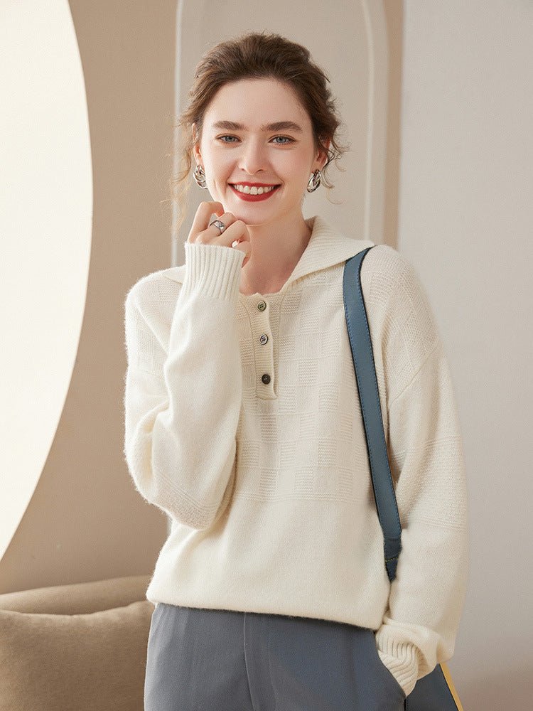 Women Polo Neck Cashmere Sweaters Long Sleeve Cashmere Blouse Pullover Ivory XS
