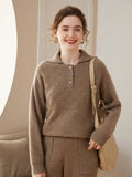 Women Polo Neck Cashmere Sweaters Long Sleeve Cashmere Blouse Pullover Taupe XS