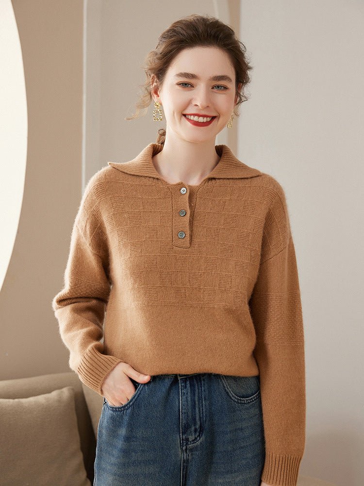 Women Polo Neck Cashmere Sweaters Long Sleeve Cashmere Blouse Pullover Camel XS