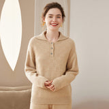 Women Polo Neck Cashmere Sweaters Long Sleeve Cashmere Blouse Pullover Beige XS