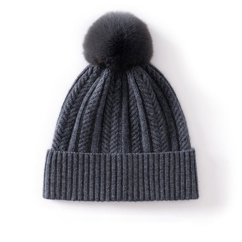 Womens Pom Cashmere Beanie Soft Rib Cashmere Knit Hat Fold Cuff Grey M