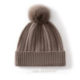 Womens Pom Cashmere Beanie Soft Rib Cashmere Knit Hat Fold Cuff Taupe M