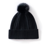 Womens Pom Cashmere Beanie Soft Rib Cashmere Knit Hat Fold Cuff Black M