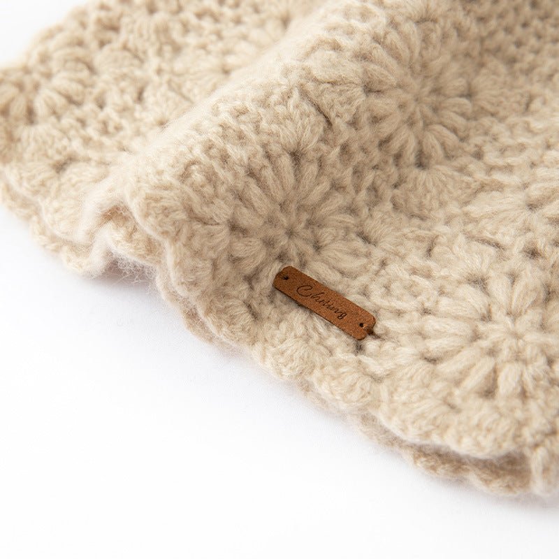 Womens Crocheted Cashmere Beanie Cashmere Flower Cloche Hat Taupe M