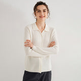 Womens Pure Cashmere Cardigan Cable Knit Button Front Polo Neck Cashmere Sweater Ivory XS