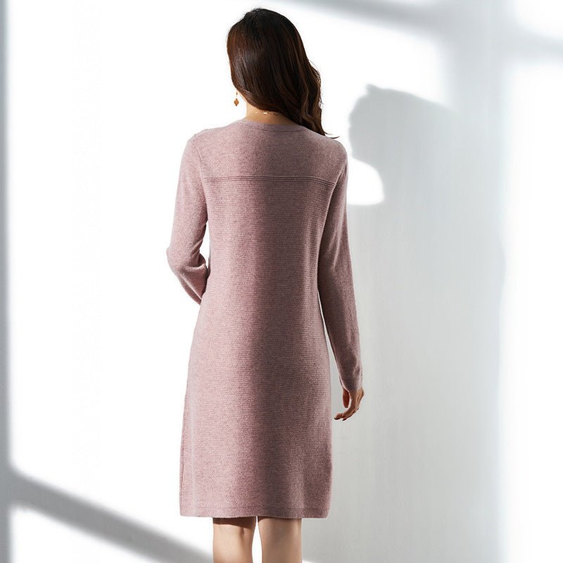 Womens Pure Cashmere Dress Long Sleeve Crew Neck Knit A - Line Dresses Pink XS