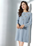 Womens Pure Cashmere Dress Long Sleeve Crew Neck Knit A - Line Dresses Blue XS