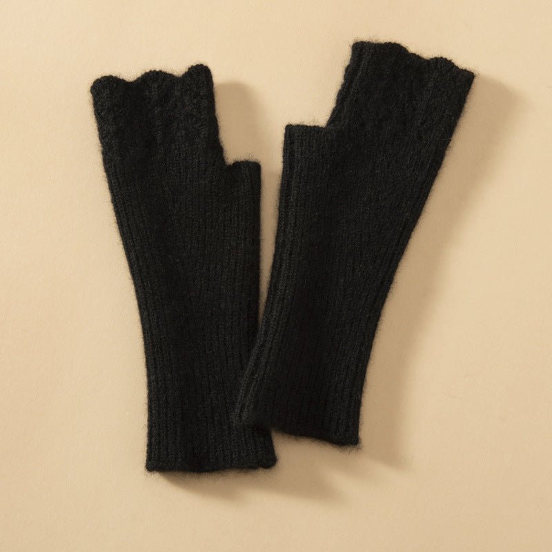 Women Fingerless Cashmere Half Finger Gloves Ribbed Knit Mittens Black M