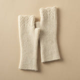 Women Fingerless Cashmere Half Finger Gloves Ribbed Knit Mittens Beige M
