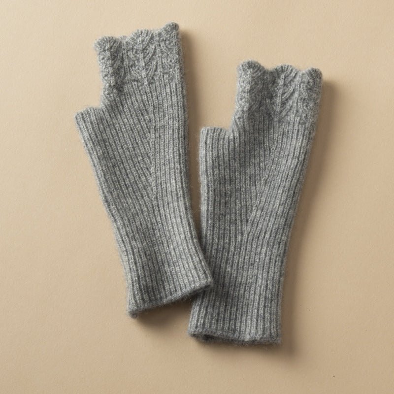 Women Fingerless Cashmere Half Finger Gloves Ribbed Knit Mittens Gray M