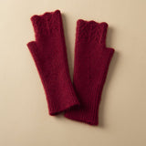 Women Fingerless Cashmere Half Finger Gloves Ribbed Knit Mittens Claret M