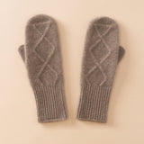 Womens Pure Cashmere Knit Mittens Cashmere Gloves with Diamond Pattern Taupe M