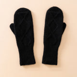 Womens Pure Cashmere Knit Mittens Cashmere Gloves with Diamond Pattern Black M
