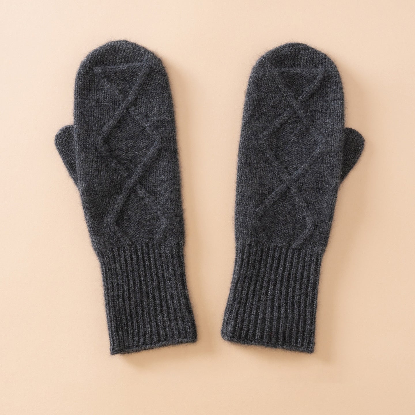 Womens Pure Cashmere Knit Mittens Cashmere Gloves with Diamond Pattern Grey M