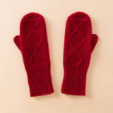 Womens Pure Cashmere Knit Mittens Cashmere Gloves with Diamond Pattern Claret M