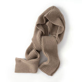 Womens Cashmere Balaclava Ribbed Knit Cashmere Hooded Scarf Taupe M